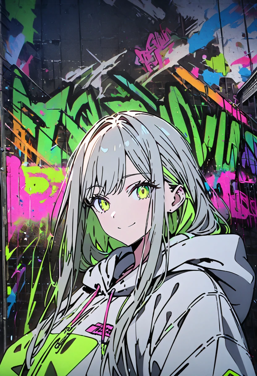 masterpiece,  best quality, 8k, detailed background, masterpiece,  best quality, smile,  small hips ,  hoodies , Portraiture,  neon green, graffiti, dark, night, Shining Eyes,  black light,Shiranuhi frill 