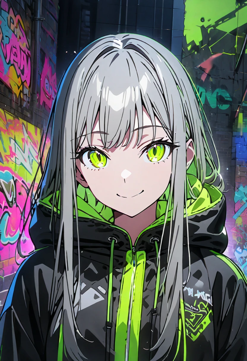 masterpiece,  best quality, 8k, detailed background, masterpiece,  best quality, smile,  small hips ,  hoodies , Portraiture,  neon green, graffiti, dark, night, Shining Eyes,  black light,Shiranuhi frill 