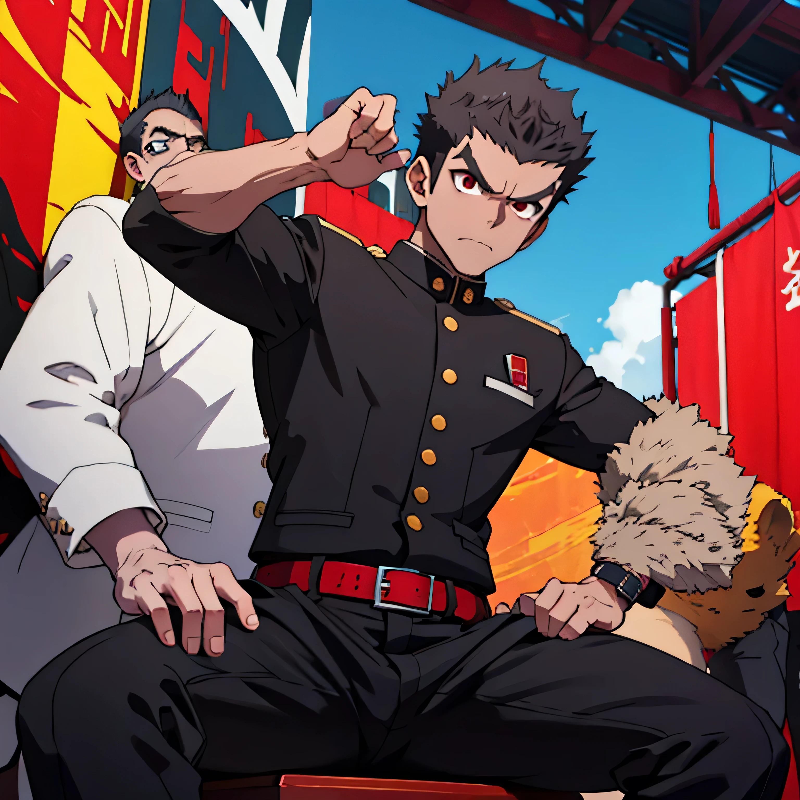 Age 25,,Simple black GAKURAN、Red Shirt, black slim pants ,cool battle pose、Spread your legs wider,black belt,logic, Gay ,Brown Hair, short hair on the side of the uniform, thick eyebrows, Lightly Set Your Hair with Wax 、Masculine,salaryman,Mob characters,bad student、View from below Menacing look face up