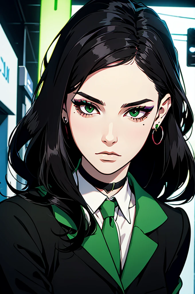 1girl, ((hair over eye)), (tight black lace blazer), black tie, ((long hair)), ((straight hair)), (((black hair))), side swept bangs, white skin, pale, white, (green eye), tired expression, choker, ((dark makeup, mascara, eyeshadow)), (mole under eye), multiple piercings, best quality, 8k, cyberpunk city, neon streets, white shirt, erotic, slytherin
