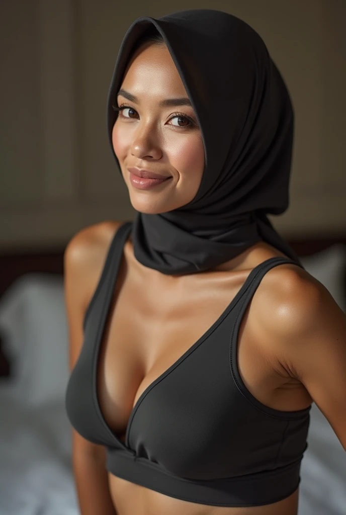 (editorial photograph of a beautiful 47 year old Melanesian woman), ((hijab)),((bikini)), ((milf)), (highly detailed face:1.4), (sultry sexy smile:0.6), (muscles:1.3), sitting on the desk:1.2), (background inside dark, moody, private study, old furniture:1.1), (8k, uhd, dslr, high quality, cinematic lighting, bokeh), (dramatic, award winning photography, incredible masterpiece:1.3)