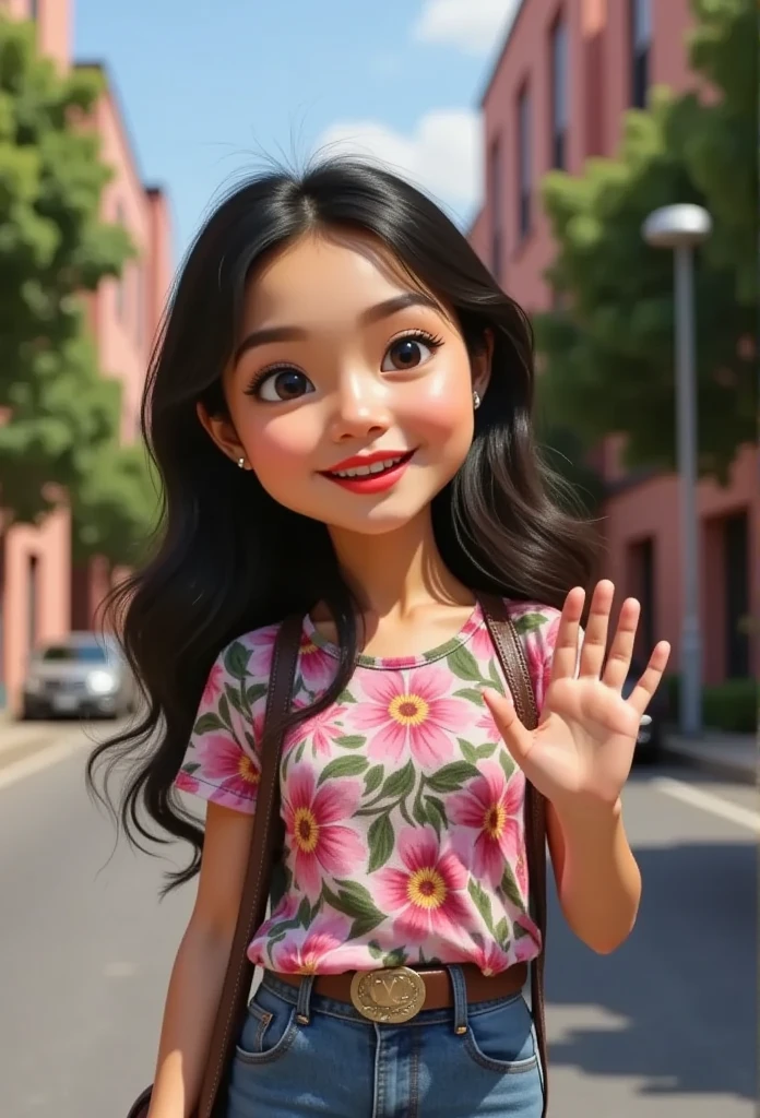 3D animation pixar of amira with vibrant color palette, amira wearing floral print shirt and blue jeans, adorable with long messy wavy hair, lv bag on her left hand, she is waving with right hand, on the road, pink kindergarten school background, vibrant and contrast colors, trees