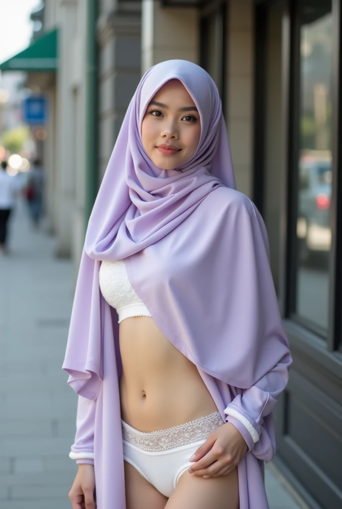 A masterpiece, a 22 years old malay woman, wearing hijab but naked, narrow waist, soft lighting, round big breast, (open breasts), blushy face, (chubby), looking at the viewer. (Skin details:1.3), harden nipples, part lips, modern hijab, seductive with bokeh camera background