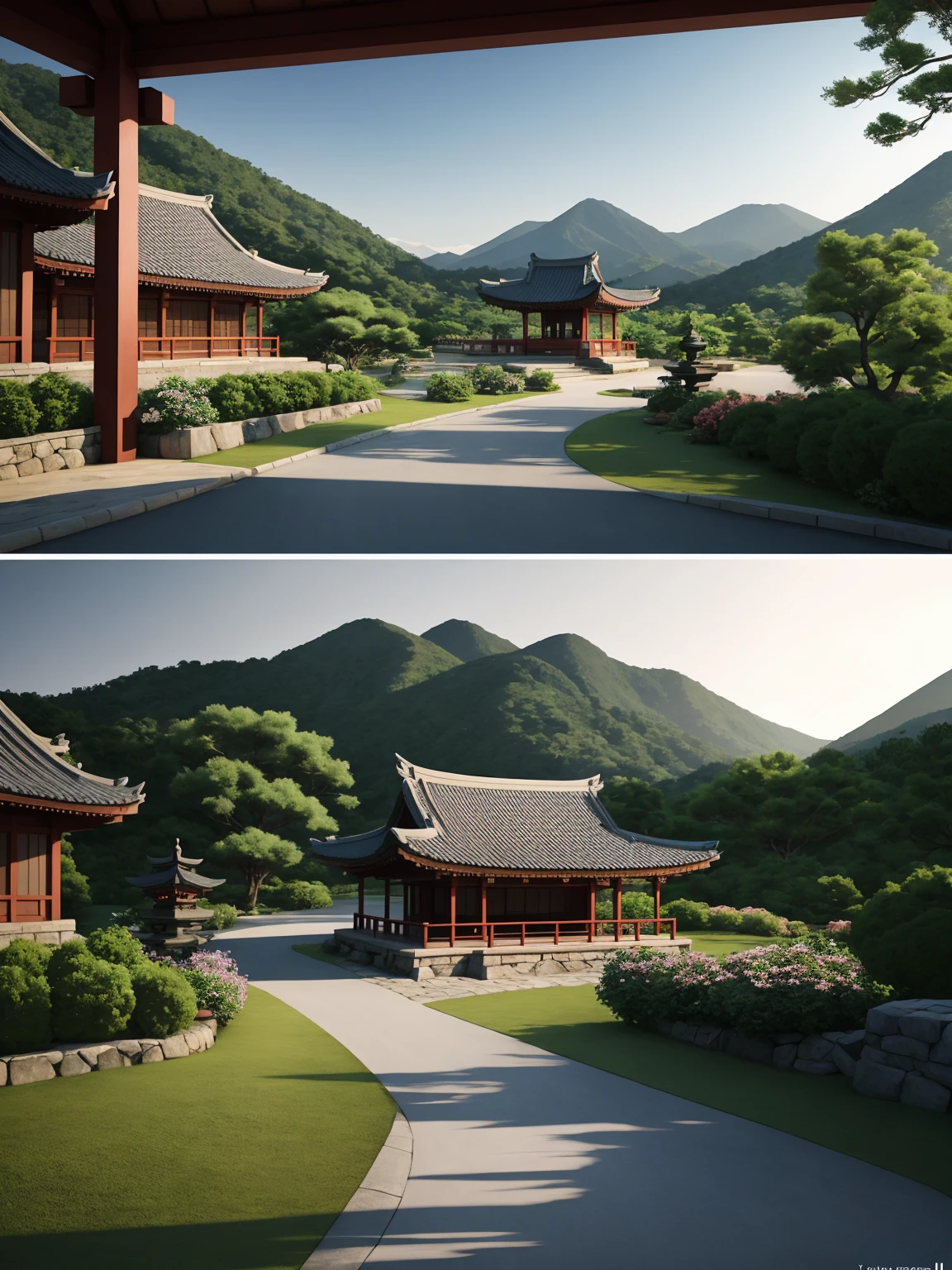 stone path view , leading to a pagoda in the mountains , lush Busan landscape , Busan village , сказочный Korean city ок, A beautiful and aesthetic , Korean city , Korean city , ancient Korean architecture , ancient Korean architecture , A beautiful place, Korean village , journey to Busan aesthetic , Korean architecture , Korean landscape , korean style, beautiful environment , Fantasy scenery, с древним корейским эстетическим стилем realistic image, masterpiece, artwork , hyperrealistic , rendering , realistic physical rendering , Photorealistic rendering , highly detailed , high-quality render , architectural rendering , very realistic 3D render , realistic image,