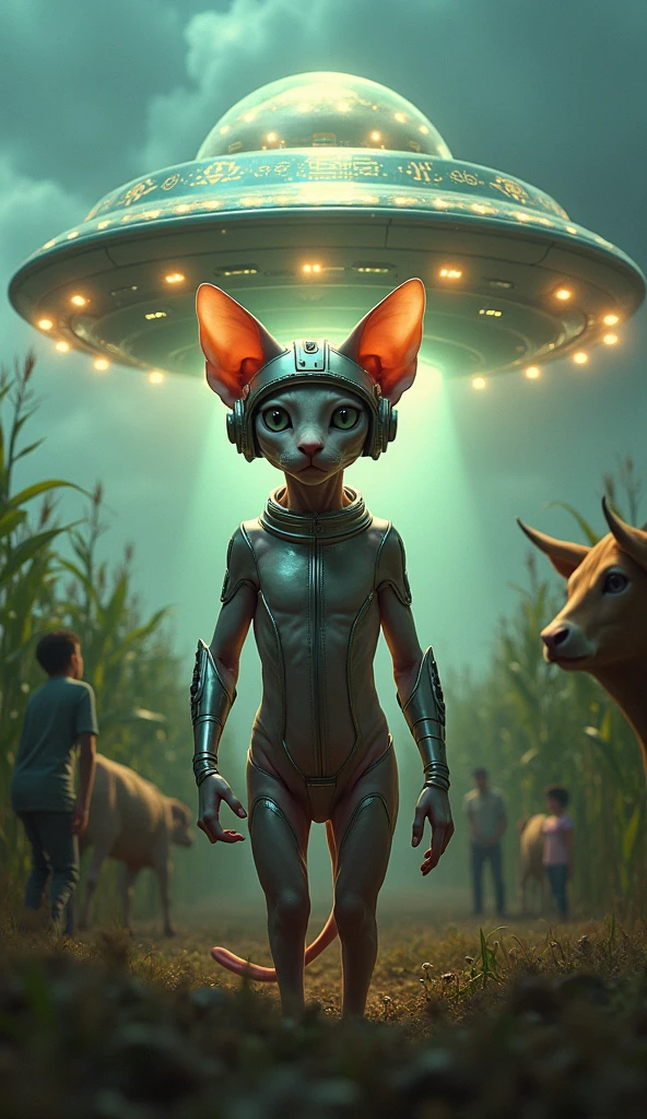 humanoid extraterrestrial with feline features and brown..large green eyes elongated upwards. Wears plain white jumpsuit-type uniforms, glued to the body. Hold a technological device in your hands.
This is on top of a rock looking at the night sky full of stars.
