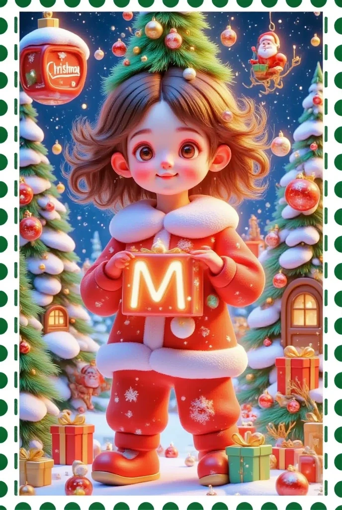  Christmas Card Border ， Picture of a Girl Holding a Gift。  Crazy Christmas  ，  Glowing Letter M Red ，Hot air balloon in the sky，Warm Town  ， Pleasant atmosphere 