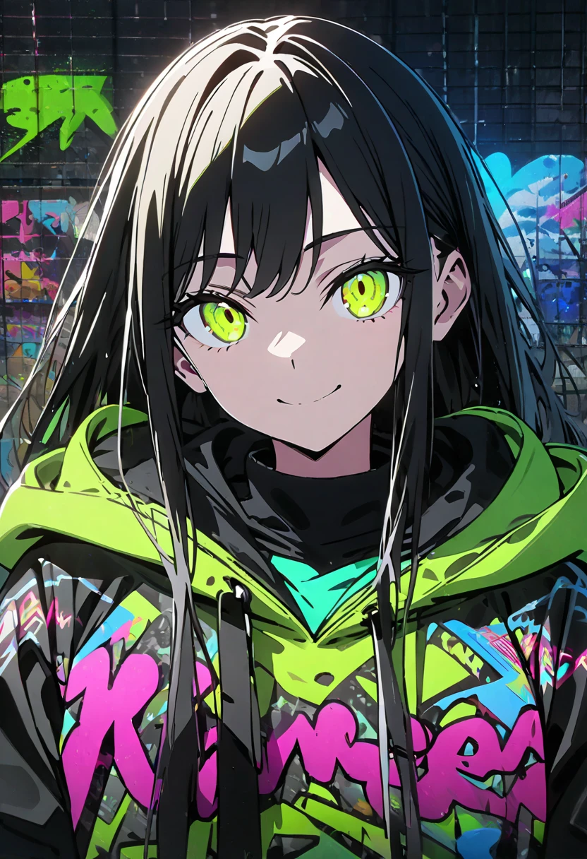 masterpiece,  best quality, 8k, detailed background, masterpiece,  best quality, smile,  small hips ,  hoodies , Portraiture,  neon green, graffiti, dark, night, Shining Eyes,  black light,Shiranuhi frill 