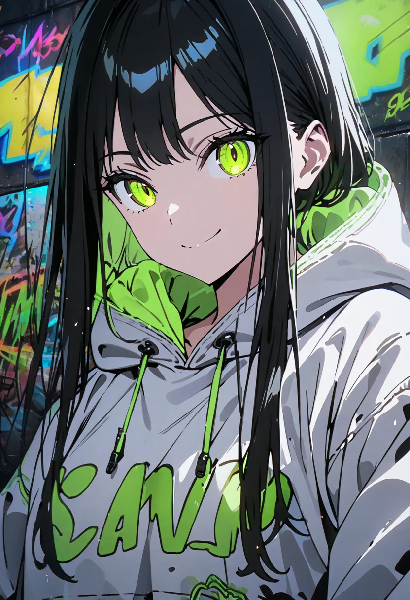 masterpiece,  best quality, 8k, detailed background, masterpiece,  best quality, smile,  small hips ,  hoodies , Portraiture,  neon green, graffiti, dark, night, Shining Eyes,  black light,Shiranuhi frill 