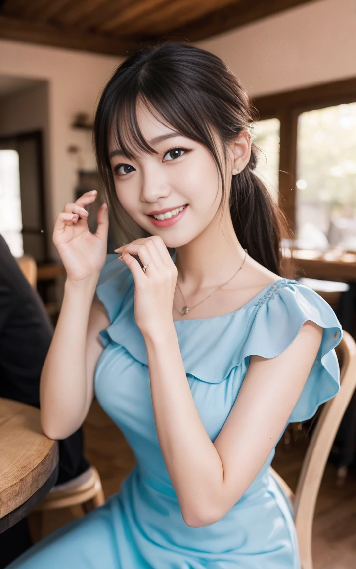 highest quality, Face Focus, Soft Light, Ultra-high resolution, (Realistic:1.4), RAW Photos, 1 Japanese girl, alone, cute, (pupil, Light in your eyes), Beautiful face in every detail, (Small box),(High resolution detail of human skin texture), (Long Hair), indoor, Damask Shirt Dress,Upper body from the waist up (Portraiture)、Slightly large breasts、Slightly narrow eyes、Smile a little