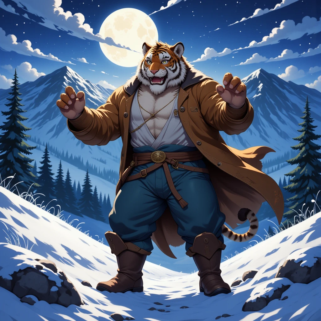 character focus, full body, looking away, various angle, european fantasy, a muscular middle-aged tiger man, heroic costume clothes, robe, shirt, pants, boots, raise both hands, howling moon, dynamic pose, BREAK complete anatomy, perfect proportions, beautiful thigh gap, fluffy body, intricate fur details, beautiful fur texture, BREAK a detailed tiger 1tail, detailed boots, detailed foot, detailed hands, 5fingers, 5fingers nails, BREAK intense face, anime face, insanity detailed face, male face, big face, strong jawline, aesthetic anime eyes, detailed brown eyes, detailed brown cornea, detailed dark brown irises, detailed pupils, male eyes, big eyes, male eyebrows, innocent look, beautiful beard, BREAK full body in Michelangelo Buonarroti style, digital illustration anime, housamo style, detailed painting landscape, full moon night, snow mountain, path, powder snow, outdoor, full color, HDR, BREAK masterpiece, official art, best quality, very aesthetic, absurdres, super fine illustration, great quality, BREAK noise reduction, very highres, large filesize, high quality, 32K, 8k wallpaper, dynamic lighting, BREAK insanity detailed, ultra detailed, intricate details, extremely detailed, detailed texture, an extremely delicate and beautiful, BREAK osukemo, e621 illustration, kemohomo, anthropomorphic, furry, cartoon, harmonious body, pastoral face, virtuous eyes, epic atmosphere