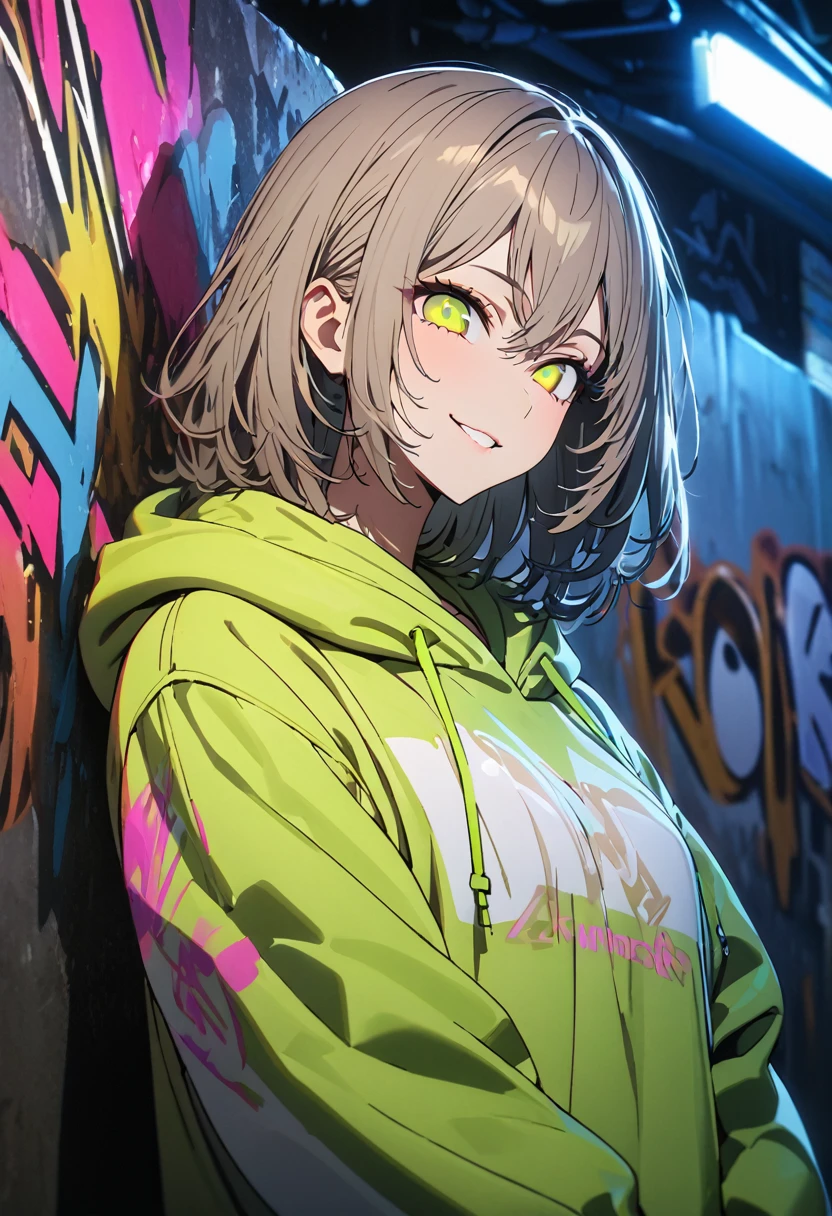 masterpiece,  best quality, 8k, detailed background, masterpiece,  best quality, smile,  small hips ,  hoodies , Portraiture,  neon green, graffiti, dark, night, Shining Eyes,  black light,Akane Kurokawa