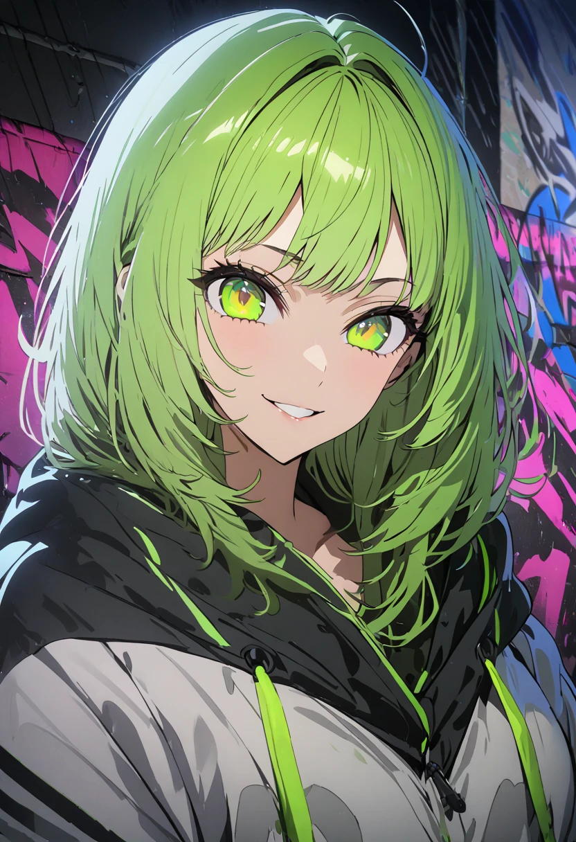 masterpiece,  best quality, 8k, detailed background, masterpiece,  best quality, smile,  small hips ,  hoodies , Portraiture,  neon green, graffiti, dark, night, Shining Eyes,  black light,Akane Kurokawa