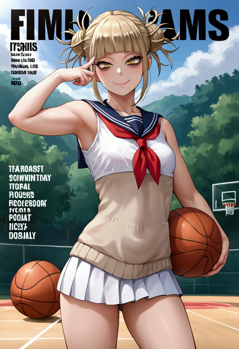 Front cover of a women's cooking magazine, text, diagrams, advertisements, magazine title,1Girl,GIRL WEARING BASKET BALL UNIFORM,BASKETBALL AROUND HER,TOP SCORER GIRL,SPORT GIRL,MODEL POSE,HIMIKO TOGA FROM ANIME MY HERO ACADEMY,ANIME STYLE ART, Anatomically correct, Beautiful face, Perfect face, Highly detailed beautiful face and eyes, Attractive face, Detailed face, Delicate facial features, Detailed skin, SMALL breasts, SLIM BODY, 