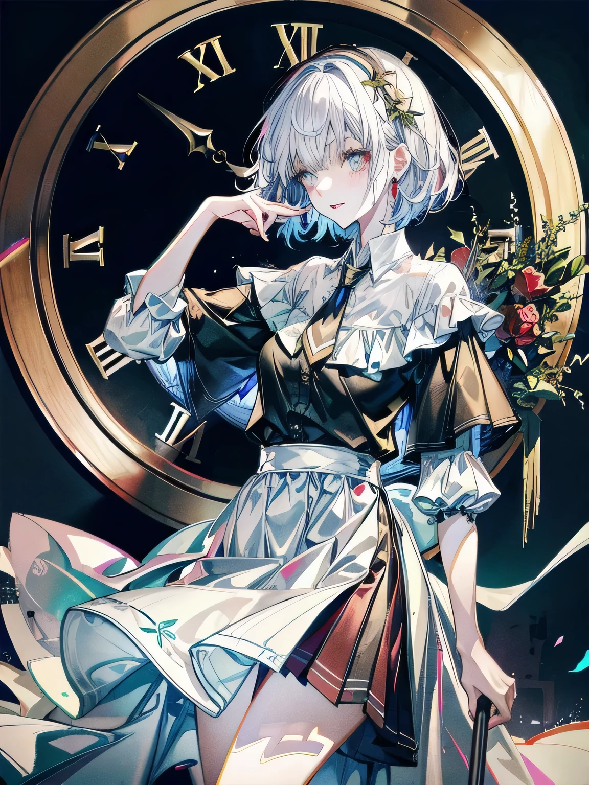 （tmasterpiece，Top image quality）super detailing，Ultra-clear quality，A white-haired teenager sits on the bed，The room was dim，Glowing butterflies flew beside him，Teenager holding clock，Keep your eyes on the camera，The lens focuses on the teenager，The room was simply decorated
