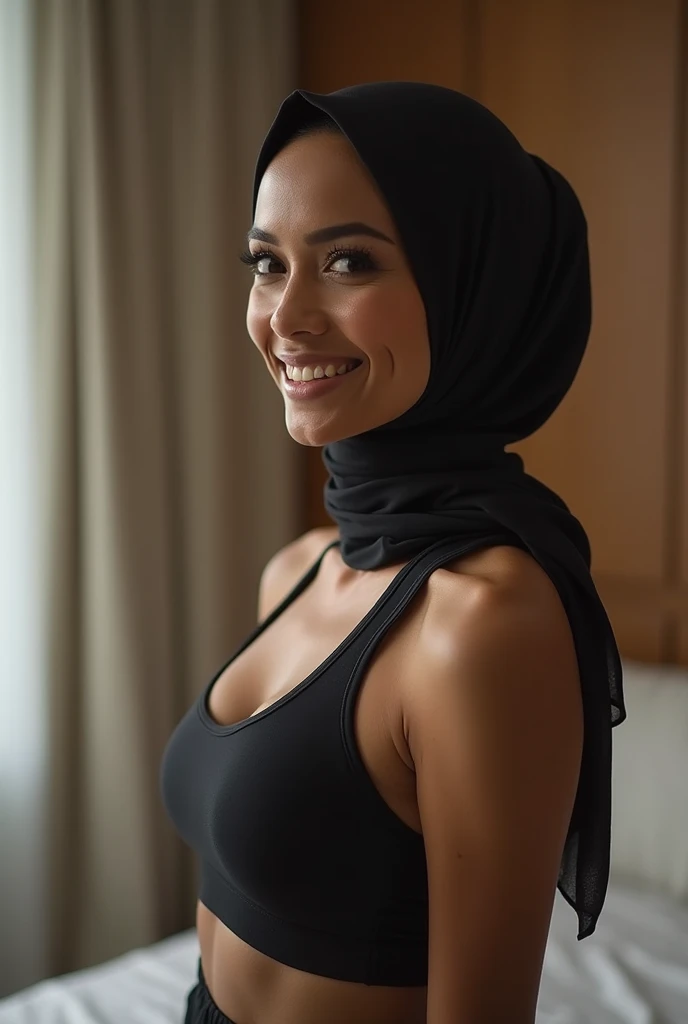 ((best quality)), ((masterpiece)), (detailed), Beautiful arab woman with light brown skin. She is in her early 30's, sports bra and leggings, lots of cleavage, sweaty, hijab, very thin nose, green eyes, defined cheekbones, in gym, looking at the viewer with a smile
