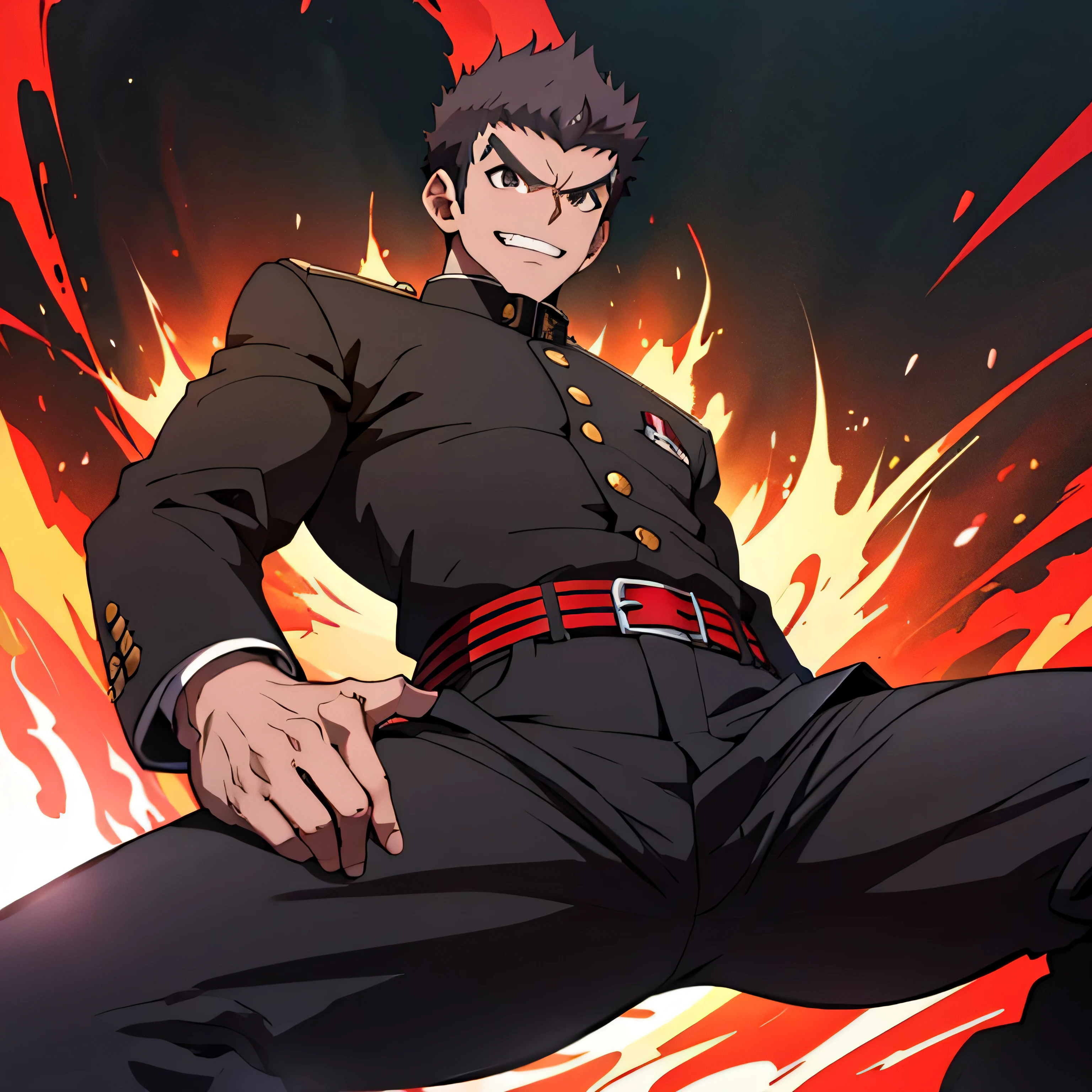 Age 25,,Simple black GAKURAN、Red Shirt, black slim pants ,cool battle pose、Spread your legs wider,black belt,logic, Gay ,Brown Hair, short hair on the side of the uniform, thick eyebrows, Lightly Set Your Hair with Wax 、Masculine,salaryman,Mob characters,bad student、View from below The villain's smile face up
