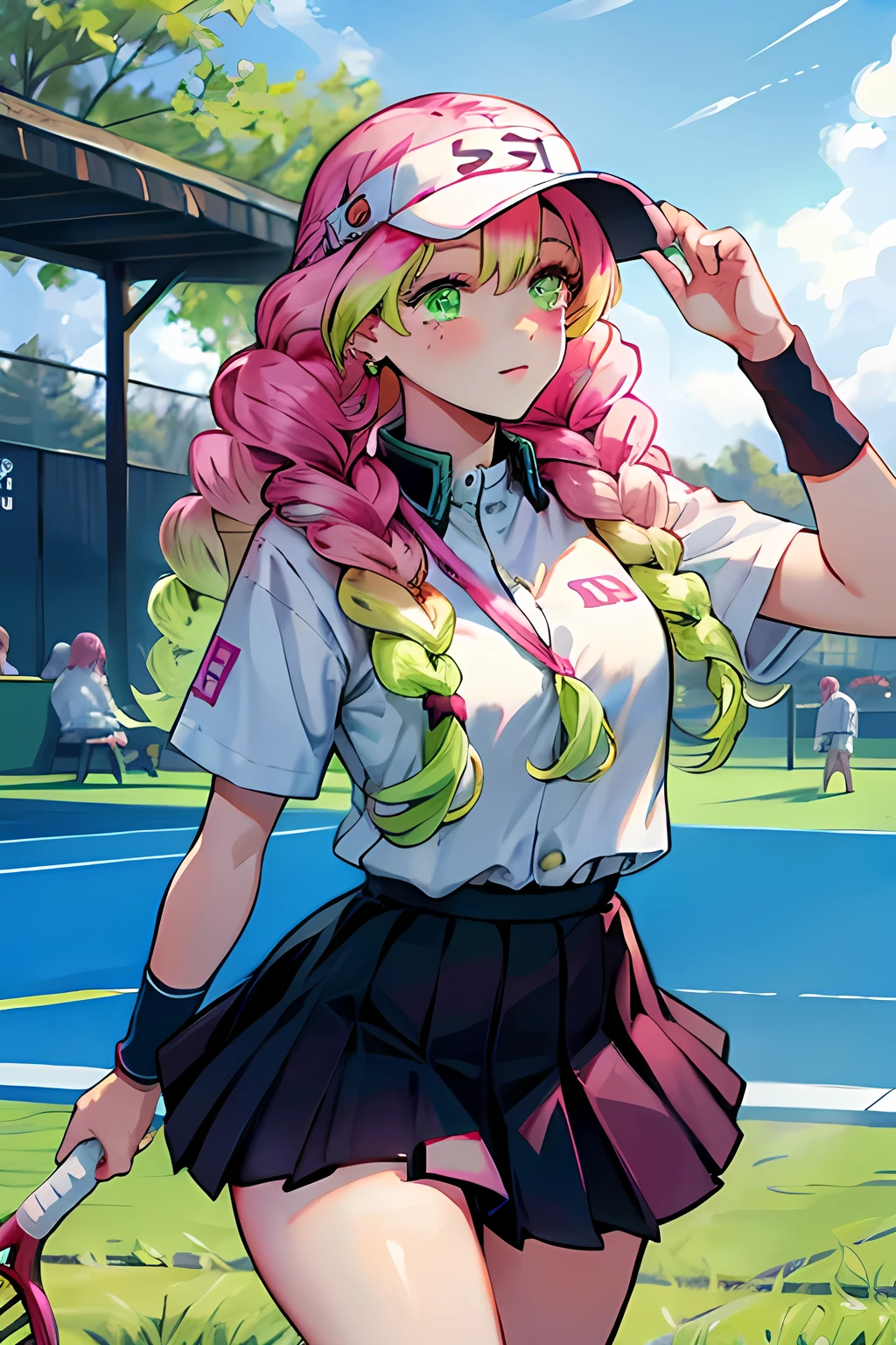 Kanroji Honey, Gradient Hair, Pink Hair, Green Hair, Tennis Uniform, Skirt, Sun Visor, Refreshing