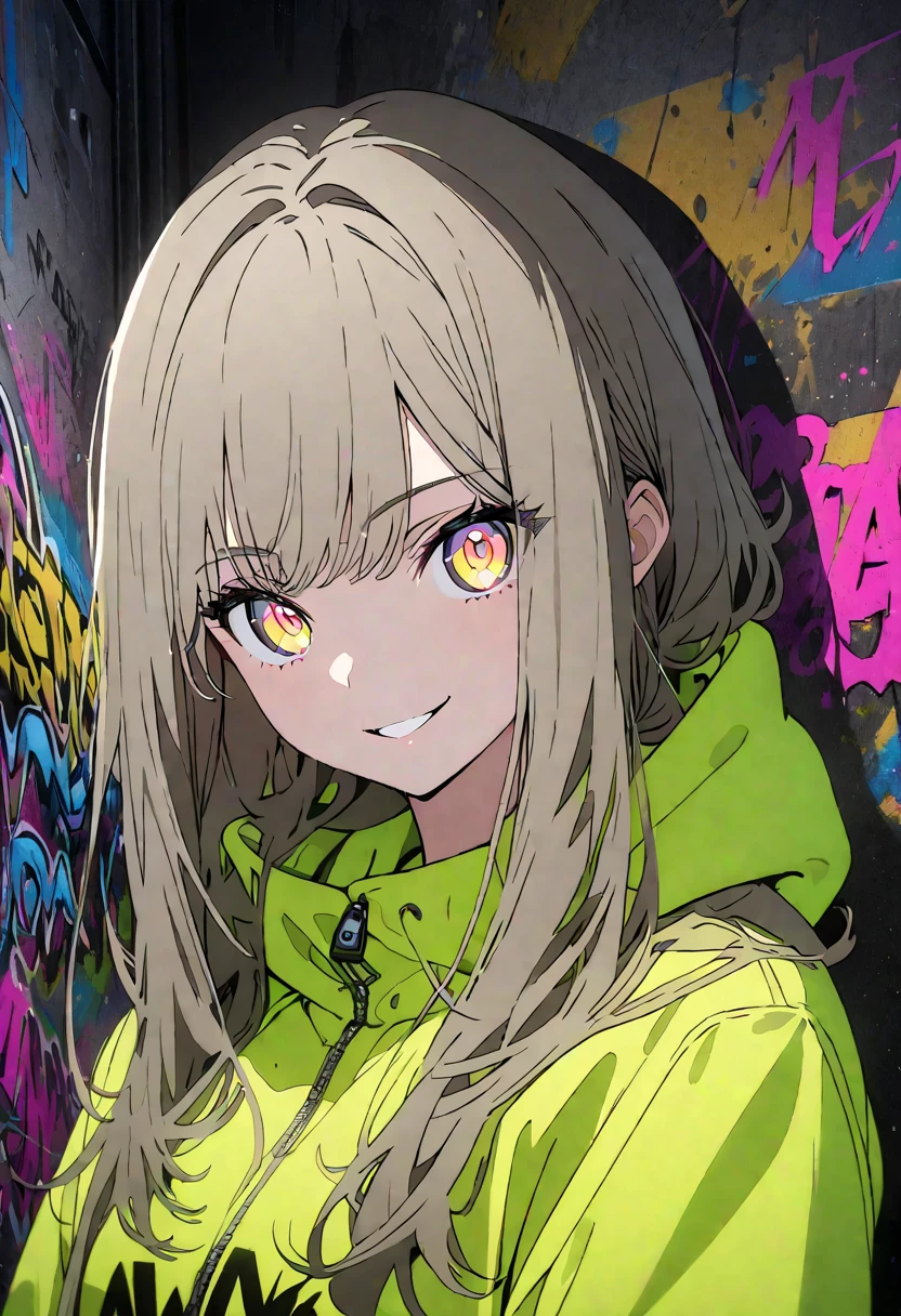 masterpiece,  best quality, 8k, detailed background, masterpiece,  best quality, smile,  small hips ,  hoodies , Portraiture,  neon yellow, graffiti, dark, night, Shining Eyes,  black light,Kichijoji Yoriko 