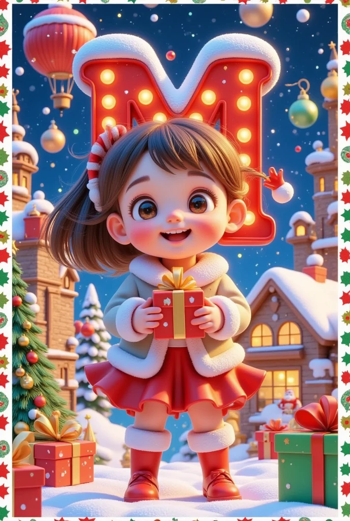  Christmas Card Border ， Picture of a Girl Holding a Gift。  Crazy Christmas  ，  Glowing Letter M Red ，Hot air balloon in the sky，Warm Town  ， Pleasant atmosphere 