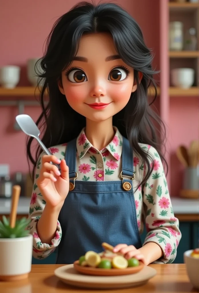 3D animation pixar of amira with vibrant color palette, amira wearing floral print shirt and blue cotton apron, adorable with long messy wavy hair, spatula on her left hand, she is waving with right hand, standing behind kitchen isle, in homey cosy pink  kitchen, vibrant and contrast colours