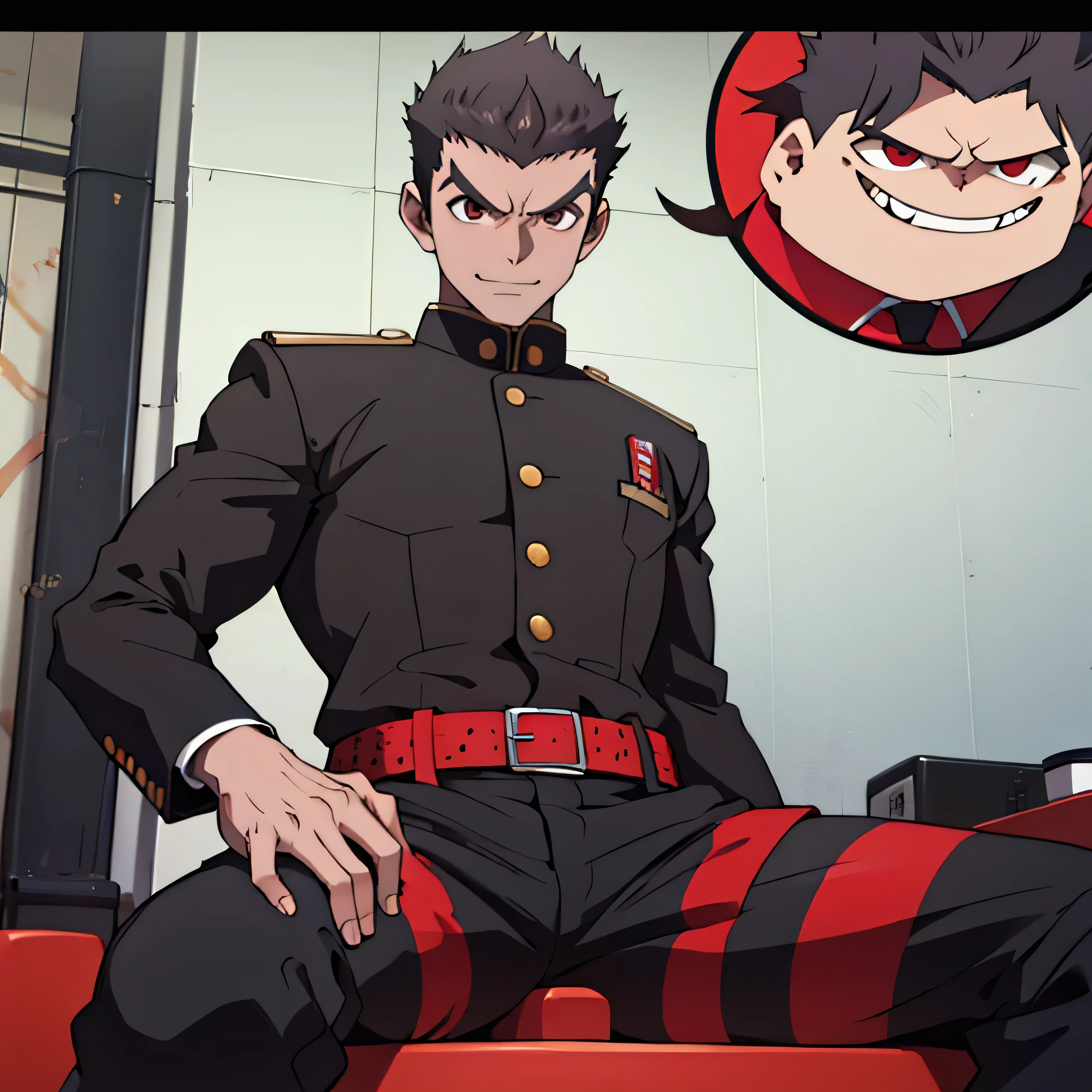 Age 25,,Simple black GAKURAN、Red Shirt, black slim pants ,cool battle pose、Spread your legs wider,black belt,logic, Gay ,Brown Hair, short hair on the side of the uniform, thick eyebrows, Lightly Set Your Hair with Wax 、Masculine,salaryman,Mob characters,bad student、View from below The villain's smile face up