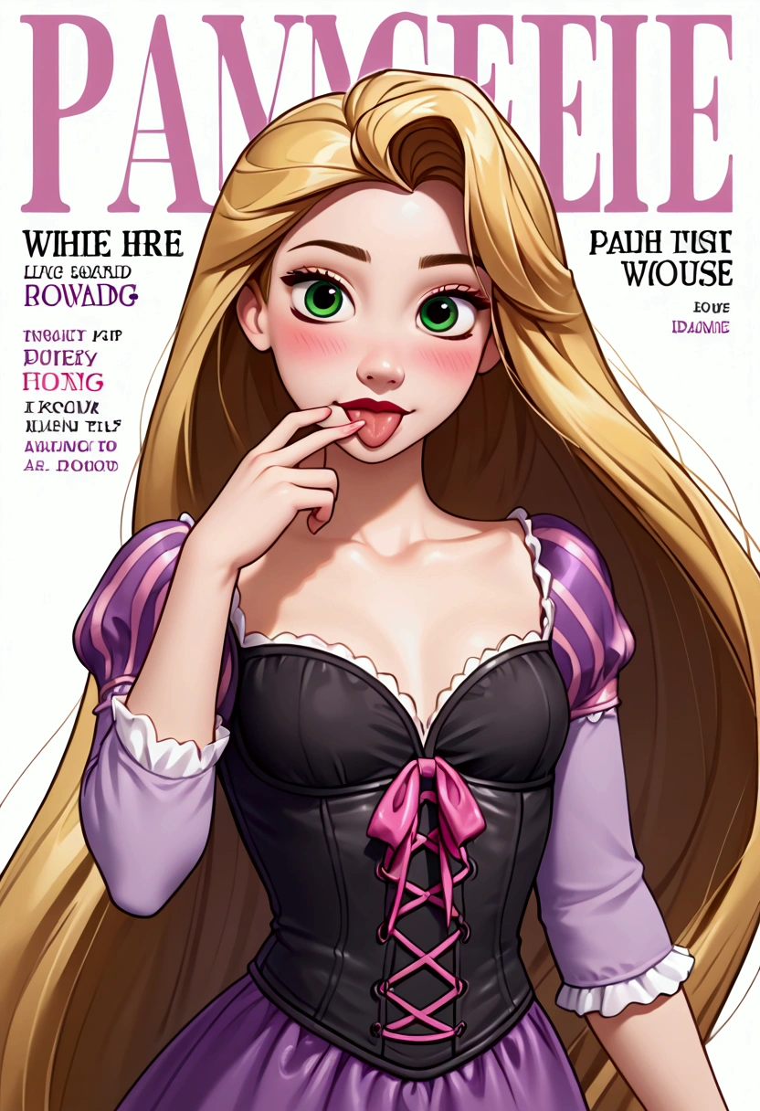 Front cover of a women's cooking magazine, text, diagrams, advertisements, magazine title,1Girl,GOTHIC GIRL,RAPUNZEL FROM DISNEY,TONGUE OUT,FINGERS AROUND HER MOUTH,BLUSHING,VERY LONG BLONDE HAIR,ANIME STYLE ART, Anatomically correct, Beautiful face, Perfect face, Highly detailed beautiful face and eyes, Attractive face, Detailed face, Delicate facial features, Detailed skin, SMALL breasts, Sensual, Elegant, Glamor, Bitch, Slut, Whore, Voluptuous, Seductive, Glamor, Love handle, SLIM BODY, 