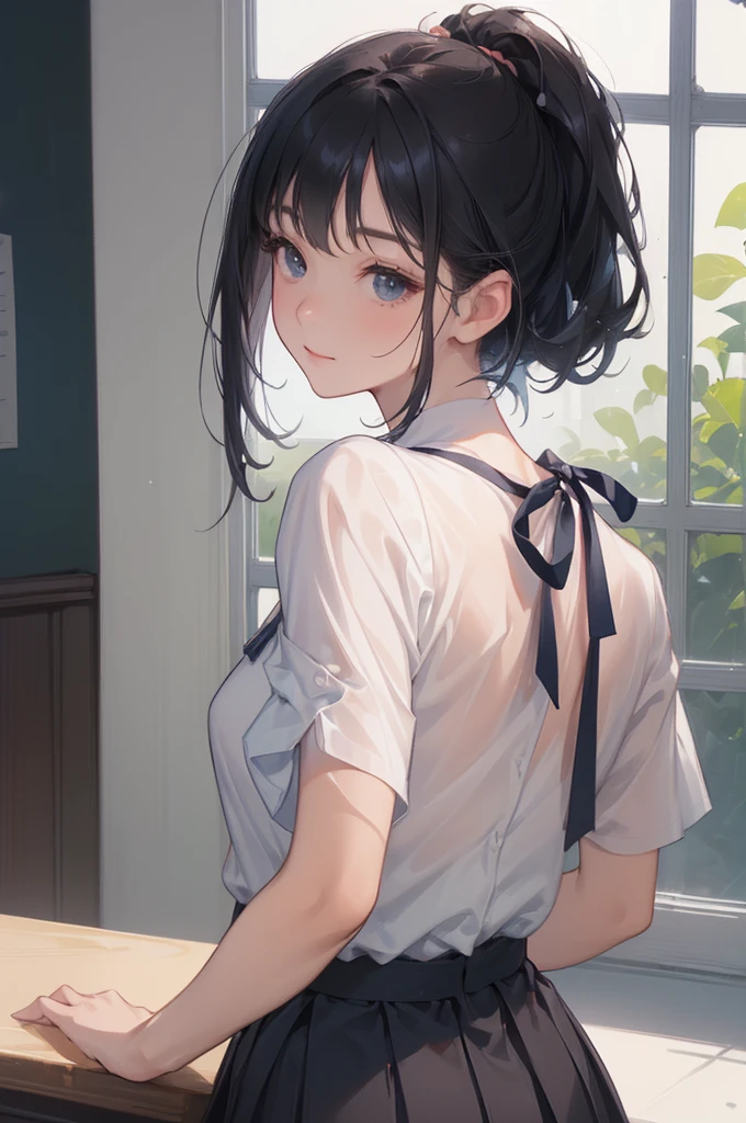 ((looking back over the shoulder:1.8))、((Beautiful breasts:1.5、Slender body、High school girl))、(((Short sleeve white shirt、Navy blue ribbon、 Dark Blue Short Pleated Skirt、Beautiful thighs)))、((Jet Black Eyes、 Black Hair Straight Medium Bob :1.3))、(( Perfect Body 、 anatomically accurate))、(( Innocent Smile ))、(Dazzling Sunshine 、 big window、 School Classroom)、((Close up))、((Close up))、masterpiece、 best quality、(Maximum resolution: 1.2)、(Ultra HDTV: 1.2)、 cinematic light 、Ultra HDTV、(Detailed eyes and skin)、( detailed facial features)、8k resolution、 sharp focus while outdoors: 1.2