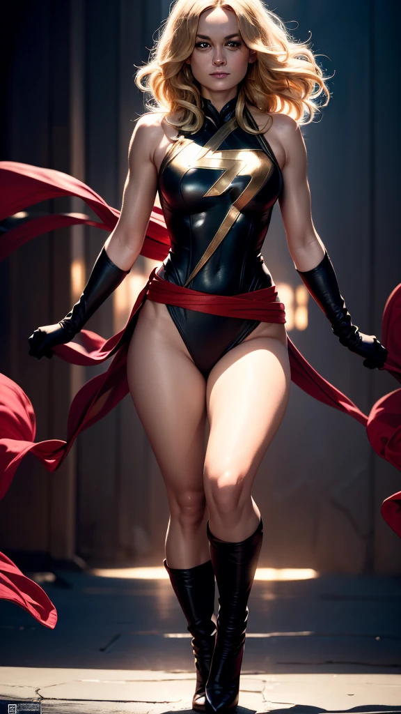 Full Shot, of Brie Larson blonde hair,red belt,toned physique, perfect hands and limbs, (detailed skin, diffuse skin pores), maximum detail, max quality, specular illumination, black dress, Ms. Marvel, [Fantasy Arcana:12]