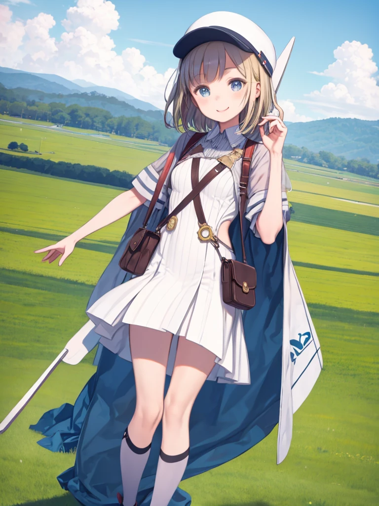 blush, outdoor, daytime, simple background, blue sky, rippled hair, sky, looking at the audience, loli, very cute expression, small short legs, avatar, toes, high-quality panties,