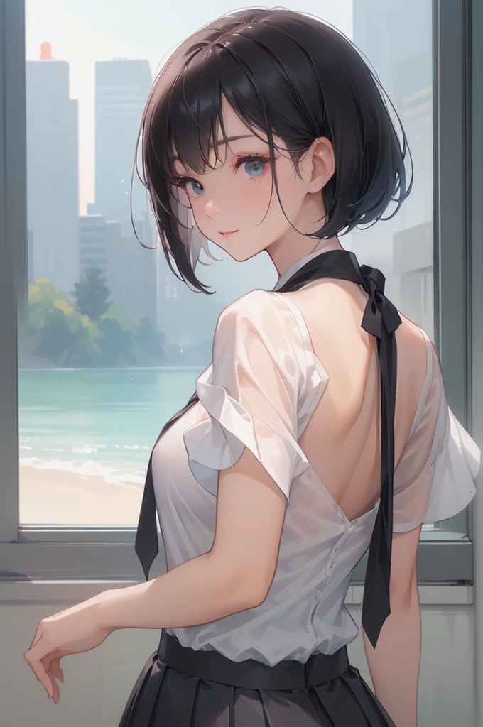 ((looking back over the shoulder:1.8))、((Beautiful breasts:1.5、Slender body、High school girl))、(((Short sleeve white shirt、 Dark Blue Short Pleated Skirt、Beautiful thighs)))、((Jet Black Eyes、 Black Hair Straight Medium Bob :1.3))、(( Perfect Body 、 anatomically accurate))、(( Innocent Smile ))、(Dazzling Sunshine 、 big window、 School Classroom)、((Close up))、((Close up))、masterpiece、 best quality、(Maximum resolution: 1.2)、(Ultra HDTV: 1.2)、 cinematic light 、Ultra HDTV、(Detailed eyes and skin)、( detailed facial features)、8k resolution、 sharp focus while outdoors: 1.2