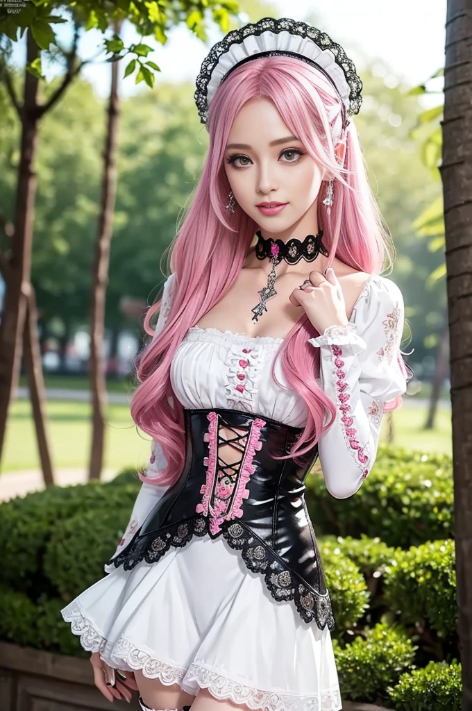 sexy stylish Swedish model, only 1 female, ((doll-like appearance)), long neon pink stylish hair, ((shiny Victorian-Style boots)), (beautiful smile), very detailed eyes, very detailed eye makeup, lipgloss, long lashes, defined eyebrows, ((sexy Paradise Kiss cosplay)), bell-shaped skirt, petticoats, high neckline, puffed sleeves, (( ultra detailed lace)), ((ultra detailed embroidery)), intricate details, Paradise Kiss accessoires and matching headpiece, choker, ((large sparkling Paradise Kiss jewelry)), cinematic light, detailed large park background with trees