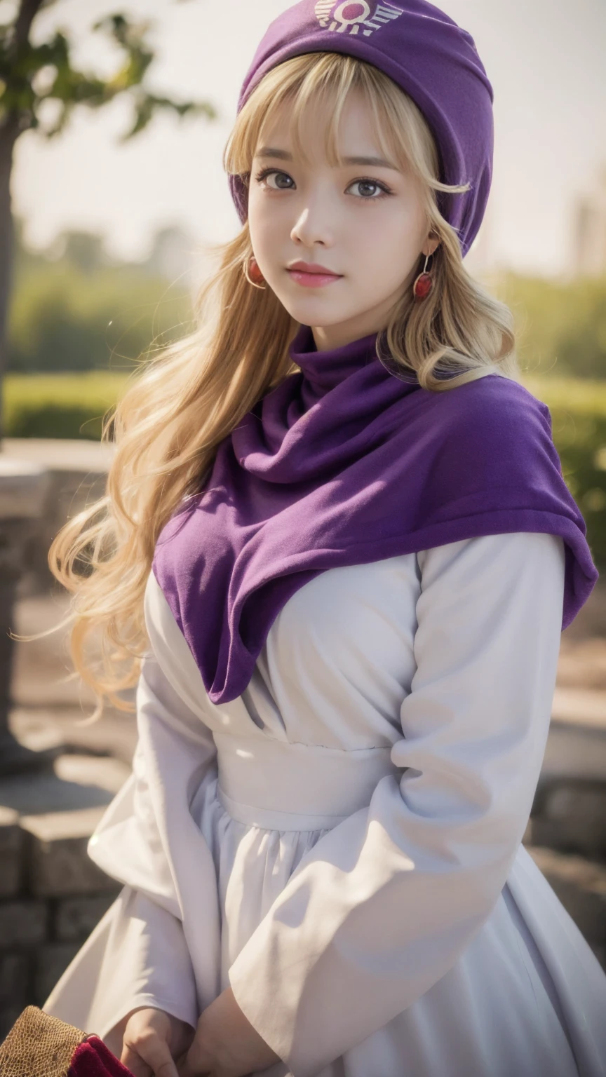 detailed face, cute face , best quality   , bangs , smile , outdoor, big clear  eyes, very beautiful light eye highlights,  earrings, best quality, ((dqPom, purple hood:12, blonde hair, long hair, red eyes. robe, upper body, holding staff))、 looking at viewer, slight,(masterpiece, best quality:1.4), (8k, raw photo, photo realistic:1.2), ultra realistic,detailed, 16 k , Film type light, potrait photography, camera angle front, looking at viewer. 1girl,  blonde hair, long Curly　hair, red eyes, 