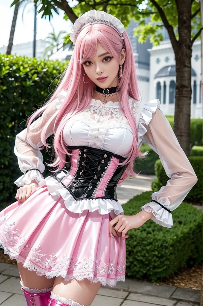 sexy stylish Swedish model, only 1 female, ((doll-like appearance)), long neon pink stylish hair, ((very detailed Victorian-Style boots)), (happy smile), very detailed eyes, professional makeup, lipgloss, long lashes, defined eyebrows, ((sexy Paradise Kiss cosplay)), bell-shaped skirt, petticoats, high neckline, puffed sleeves, ((very detailed lace)), ((very detailed embroidery)), intricate details, Paradise Kiss accessoires and matching headpiece, choker, ((large sparkling Paradise Kiss jewelry)), cinematic light, detailed large park background with trees