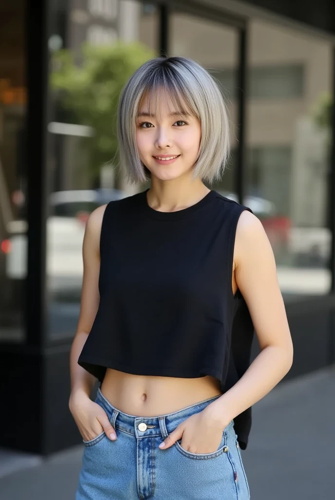 Close-up waist-up profile portrait of Asian woman walking down the street in front of a high-end New York cafe with large glass windows on a midsummer day in New York, midriff, sparkling eyes, piercings, punk, messy silver hair, colorful, very slim, healthy, small chest, muscular, weathered, heavy eyeliner, eyes, defined cheekbones, sculpted jawline, ((very large busty breasts:1.8)), beautiful woman wearing (black oversized tank top with side-open armpit-revealing design:2) and (low-rise jeans:1.4) looks at the viewer with a refreshing smile, (exposed armpits:1.6), natural beauty, magnetic, charismatic, versatile, woman walking past large glass windows of high-end New York cafe, reflected light, blurred background