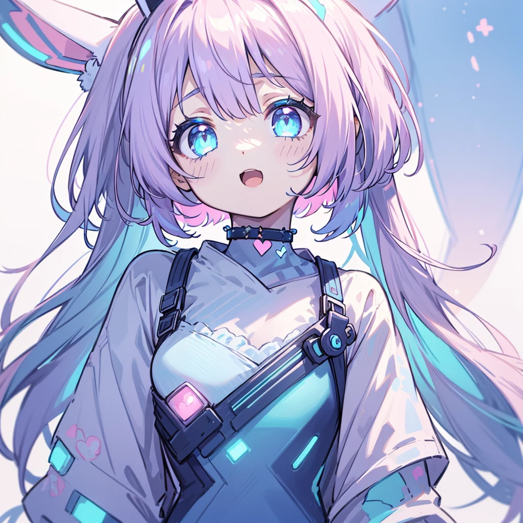 Pastel Theme、1 cute girl、 blue eyes、 Pink Bob Cut 、Bunny ears、 open your mouth and laugh、 tilting your head 、 upper body、 fashionable 、Futuristic clothing、futuristic fashion decoration、（White background：1.2）、whole body、 choker、Futuristic fashion decoration with V、 on the head and a blue rabbit on the shoulders、