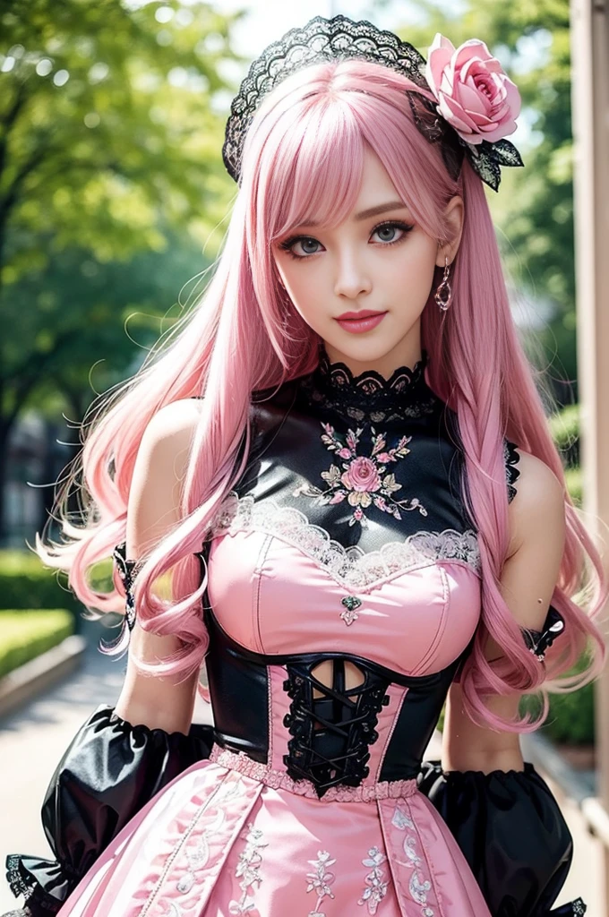 sexy stylish Swedish model, only 1 female, ((doll-like appearance)), long neon pink stylish hair, ((shiny Punk-Style boots)), (big smile), ultra detailed eyes, Punk makeup, lipgloss, ((sexy Punk ta cosplay)), unconventional skirt, petticoats, high neckline, ((ultra detailed lace)), ((ultra detailed embroidery)), intricate details, tartan patterns, (silver chains), (silver spikes), (safety pins), Punk Loliccessoires, Punk Lolita cr, ((large sparkling Punk Lolita jewel, cinematic light, detailed large park background with trees