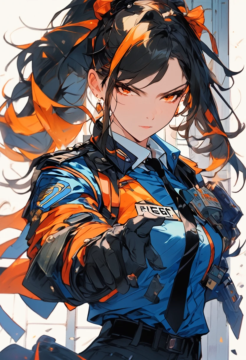 ((masterpiece, best quality by the window)),score_9, score_8_consolation, score_7_consolation, score_6_consolation, score_5_consolation, Juyuan  , dark hair ,streaked hair, Orange eyes , long hair  ponytail, 1 woman, Alone, jacket, tie, chest, gloves, police,  appeared on a white background,  looking at viewers , police Uniform,  ponytail, pants, Uniform, large chest, black gloves, shirt, policewoman, Blue jacket, laugh,  happy ,(masterpiece, best quality by the window)), animation style . 8k,  eyes shine,neon, An orange bridge is inserted,1 woman, 하늘색과 연두색이 체크무늬의 tie, flushing