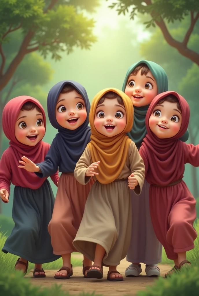 (3 hijabless male sitting), (3 hijabbed females sitting), caricaturized, cute face, casual fashion, fantasy art, happy expression, extreme detail, masterpiece, cinematic lighting, 4k, indoor background
