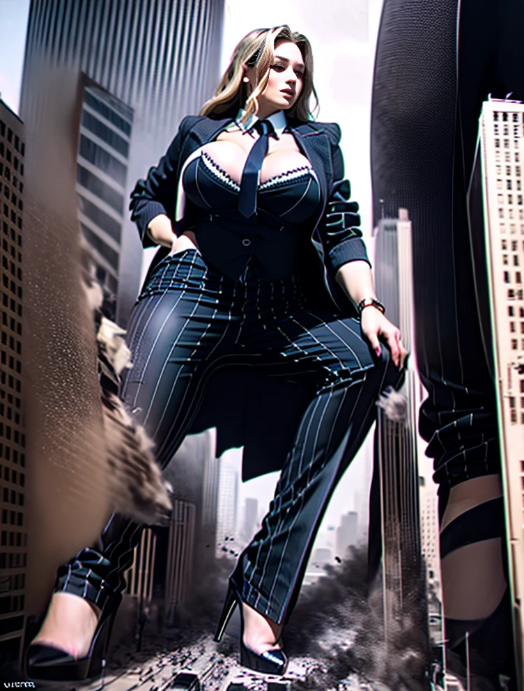 A stylish woman in a black pinstripe pant suit, white shirt, and a large wide  striped necktie in a windsor knot, with a beautiful, curvaceous figure, massive breasts, and long blonde wavy hair, with a curvaceous figure and massive breasts. wearing red rounded platform high heels with uncovered feet and standing, rampage-like pose, with a cityscape background of mega-city, partially obscured by a hazy, cloudy atmosphere. The image is a high-resolution, masterpiece-quality, cinematic, ultra-detailed, and hyper-photorealistic photograph, with perfect hands, face, and lighting. ultra-detailed, 8K, photo-realistic, hyper-realistic, masterpiece, intricate details, full body view. Looking at camera, The image is a high-resolution, masterpiece-quality, cinematic, ultra-detailed, and hyper-photorealistic photograph, with perfect hands, face, and lighting. ultra-detailed, 8K, photo-realistic, hyper-realistic, masterpiece, intricate details, full body view