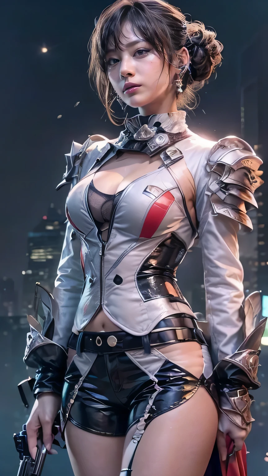 A dynamic series of paintings depicting a silver-haired, blue-eyed warrior girl., 8k, 超High resolution, Super detailed, High resolution,(Well designed face), Great face, (Very detailed), Beautiful Eyes, Soft lighting,, Outdoor, street,, URUSHISATO,1980s,, Beautiful fine details,Machinery Parts, Asymmetrical Hair,Thigh-high socks, Latex suit,Cleavage,