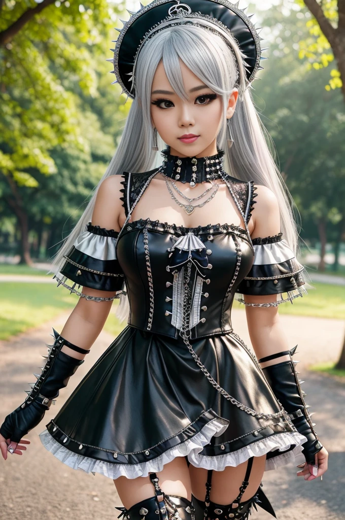 sexy stylish Thai model, only 1 female, ((doll-like appearance)), long dramatic platinum blonde stylish hair, ((shiny Punk-Style boots)), (big smile), ultra detailed eyes, Punk makeup, lipgloss, ((sexy Punk Lolita cosplay)), unconventional skirt, petticoats, high neckline, ((ultra detailed lace)), ((ultra detailed embroidery)), intricate details, tartan patterns, silver chains, silver spikes, safety pins, Punk Lolita accessoires, Punk Lolita choker, ((large sparkling Punk Lolita jewelry)), cinematic light, detailed large park background with trees
