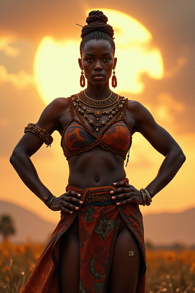 (((absurdis quality))), (((masterpiece))), muscular 35-year-old African woman, Zulu warrior, war paintings by body, perfect and proportionate body, black-skinned savanna warrior wearing very few clothes and many necklaces and adornments by the body, tiny bikini made of African beads, holding a spear and walking through the savannah, dry vegetation, lots of heat, she is sweaty and her black skin glows under the scorching African sun