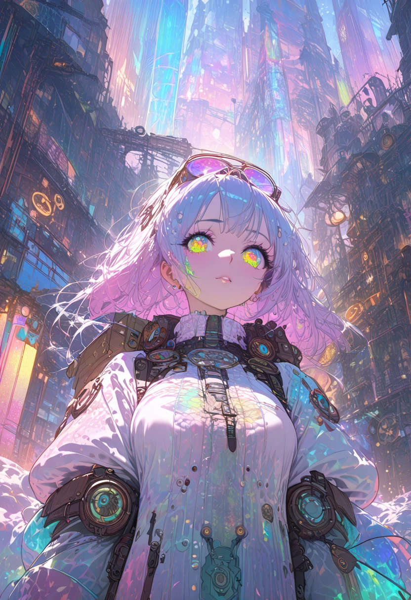 best quality, super fine, 16k, incredibly absurdres, extremely detailed, kaleidoscope of (cyberpunk:0.5), steampunk, dieselpunk, and clockpunk, with a beautiful creator god at its center, variety of visual styles that combine various artistic elements like a sparkling iridescent pastel and vivid colors