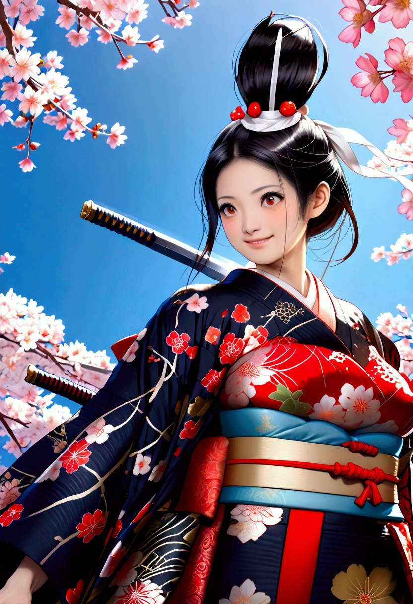 ((( Japanese woman with a viewing angle of))),(((Old Japanese Female Warrior )))、((((Kimono Armor ))))、(((((古い日本の鎧)))))、((( black hair)))、((( Short Hair )))、(((White headband)))、((( waving Japanese swords )))、(((smile)))、((( look up )))、(((Frowning)))、(((Sharp Eyes)))、((( painful expression)))、(((blue sky)))、(((cherry blossoms)))、((( Japan's Warring States Period)))、「 best quality、masterpiece、  illustration without a face 、 very delicate and beautiful、 very detailed、CG、8k wallpaper、 amazing、 Sex、masterpiece、最高の究極の芸術 very detailed CG Unity 8k wallpaper」、(Gigantic Huge Breast)、(Dynamic picture )、