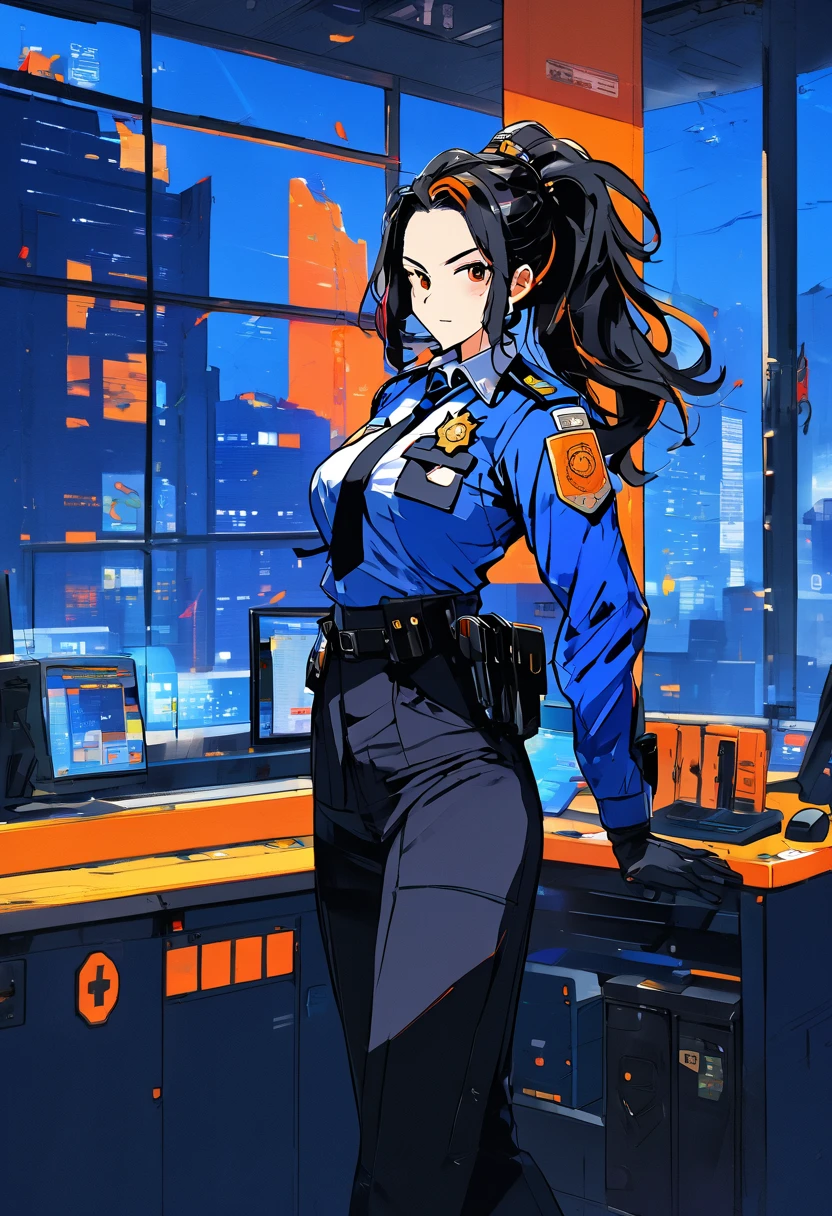 ((masterpiece, best quality by the window)),score_9, score_8_consolation, score_7_consolation, score_6_consolation, score_5_consolation, Juyuan  , dark hair ,streaked hair, Orange eyes , long hair  ponytail, 1 woman, Alone, jacket, tie, chest, gloves, police,  appeared on a white background,  looking at viewers , police Uniform,  ponytail, pants, Uniform, large chest, black gloves, shirt, policewoman, Blue jacket, laugh,  happy ,(masterpiece, best quality by the window)), animation style . 8k,  eyes shine,neon, An orange bridge is inserted,1 woman, 하늘색과 연두색이 섞인 tie, flushing, flushing,  Zenless Zone Zero Art Style , 연두색 tie, 하늘색 tie, tie 아래 부분이 검은 방탄복으로 가려짐, black bottoms 