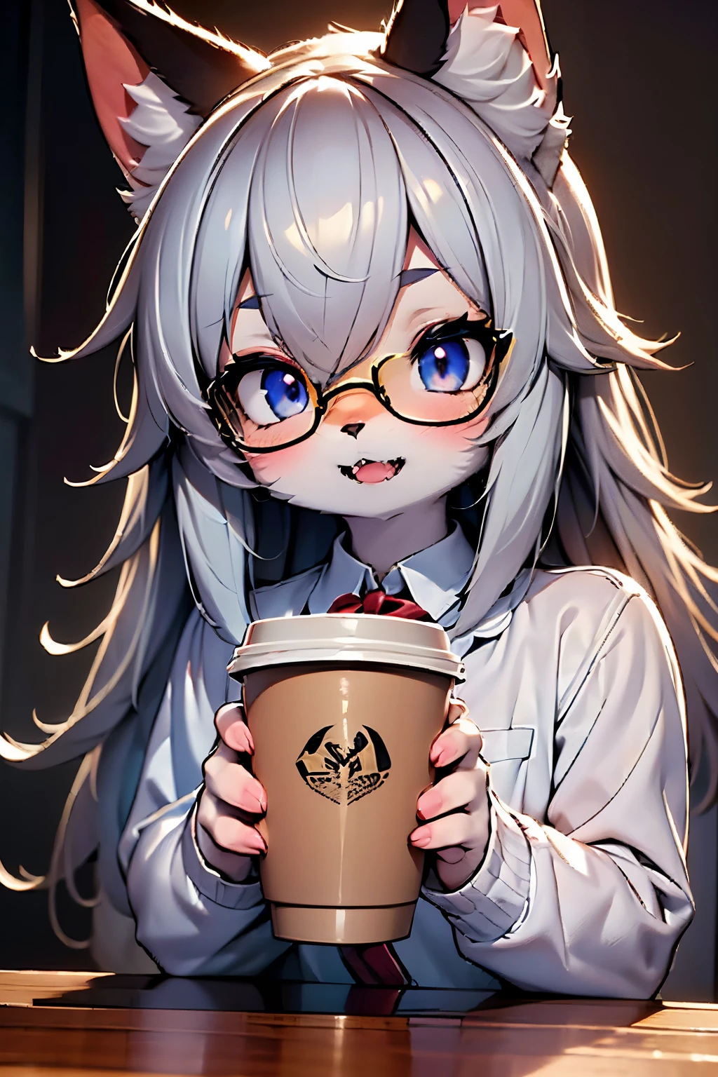 Alone, female 1 young wolf\(Silverウルフ,Fluffy,cute,Cute,,smile,  open your mouth,Sharp teeth, hair floating , hair color glasses ，Silver,Long Hair,  eye color cosmic  ,Big Eyes,jcUniform , DRINK COFFEE \( cup coffee \)\),background\(outside,Downtown,sunlight\), break ,quality\(8k, wallpaperで歌われる, ​masterpiece, high definition ,top-quality,top-quality real texture skin, surrealist , increase resolution , RAW photo,最高のquality, high definition,wallpaper, cinematic lighting , ray trace,Golden Ratio\), break ,[nsfw:2.0],dynamic angles