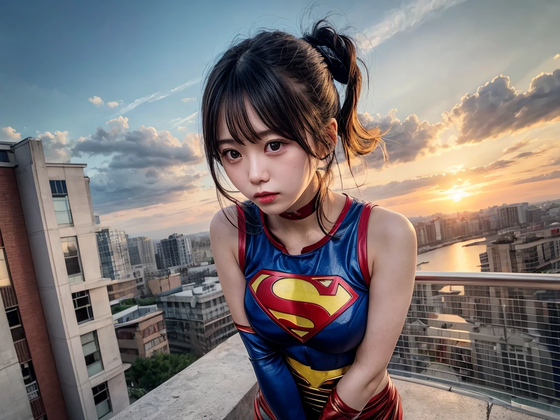 very young supergirl elementary school student, Highly realistic depiction、masterpiece, highest quality, abstract, daytime cityscape、(honeycomb pattern), (creative:1.3), fantasy 00d、 black hair、bob cut with trimmed ends、flat chest、very thin crotch、lolicon、belly button、High-leg style、red cloak、pointed nipples、(((squat)))、The light that illuminates the crotch、put your hands behind your head、10 years old