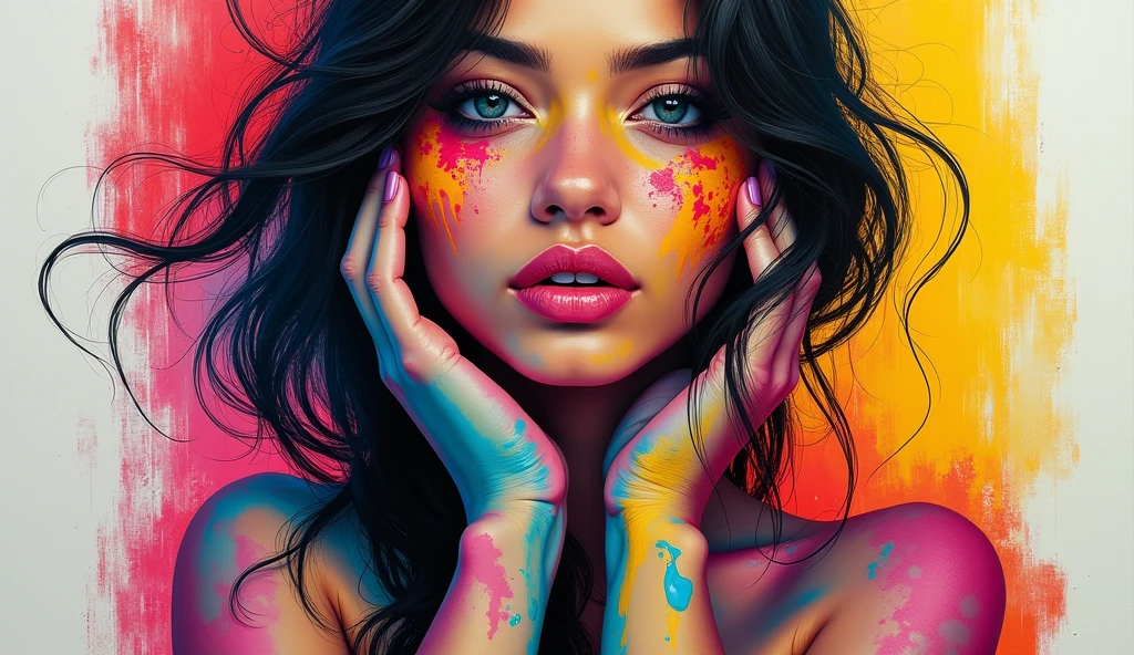 a woman sliding down a liquid ranibow, full body shot, Best quality, masterpiece, ultra high res, raw photo, Paint rain, thick Paint rainbow hair, breasts covered with paint, ((sfw)), calm facial expression, relaxed, ((gentle smile)), paint instead of clothes, front view, sfw, small breasts, ((relaxed face)), relaxed shoulders, dynamic pose, liquid details, black background, no background, no frame, thick paint splatter, extreme detail, 3d, 8k, details, paint splatter on the face, voluminous hair, ((raining paint))