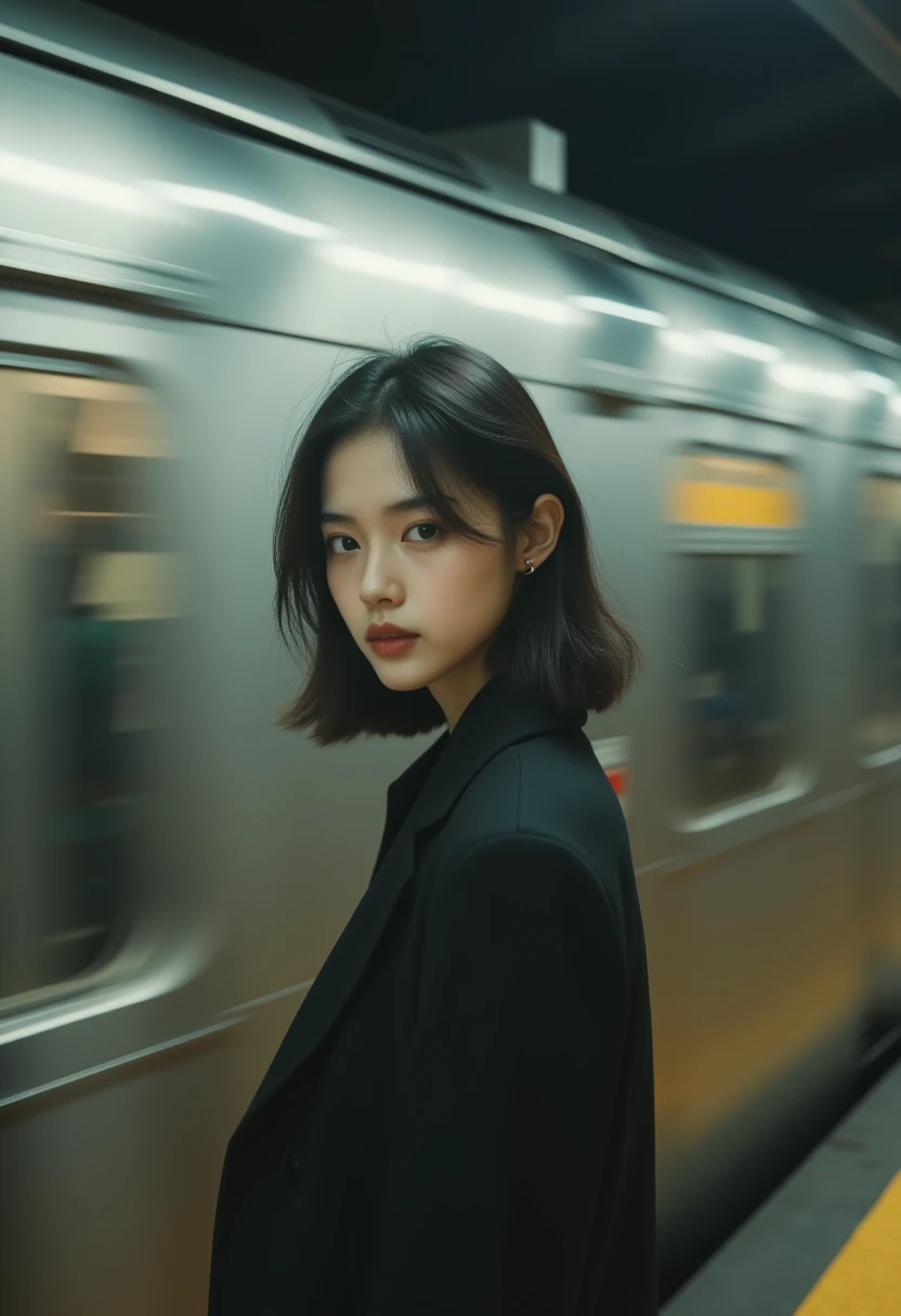 Martin time blur,Martin portrait,film photo,1girl stood next to the high-speed subway,looking at viewers,high quality,