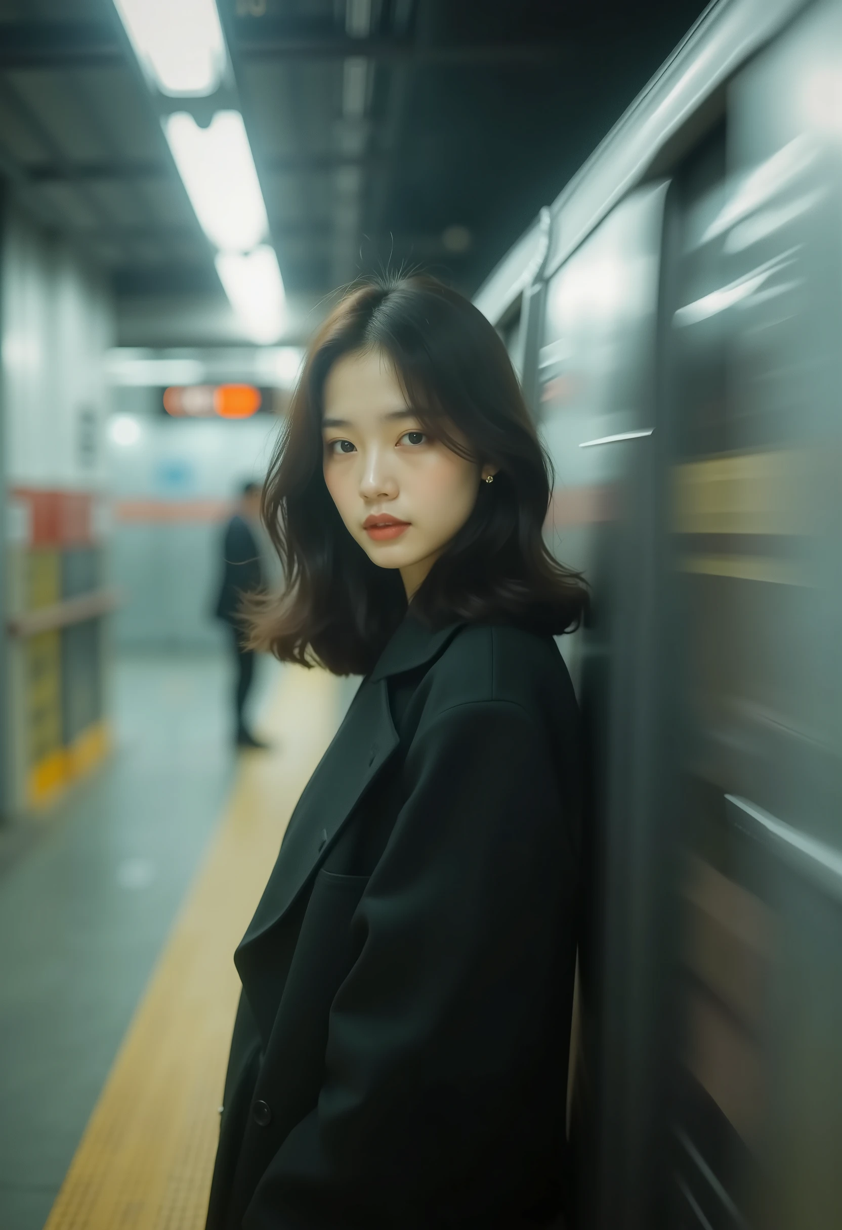 Martin time blur,Martin portrait,film photo,1girl stood next to the high-speed subway,looking at viewers,high quality,